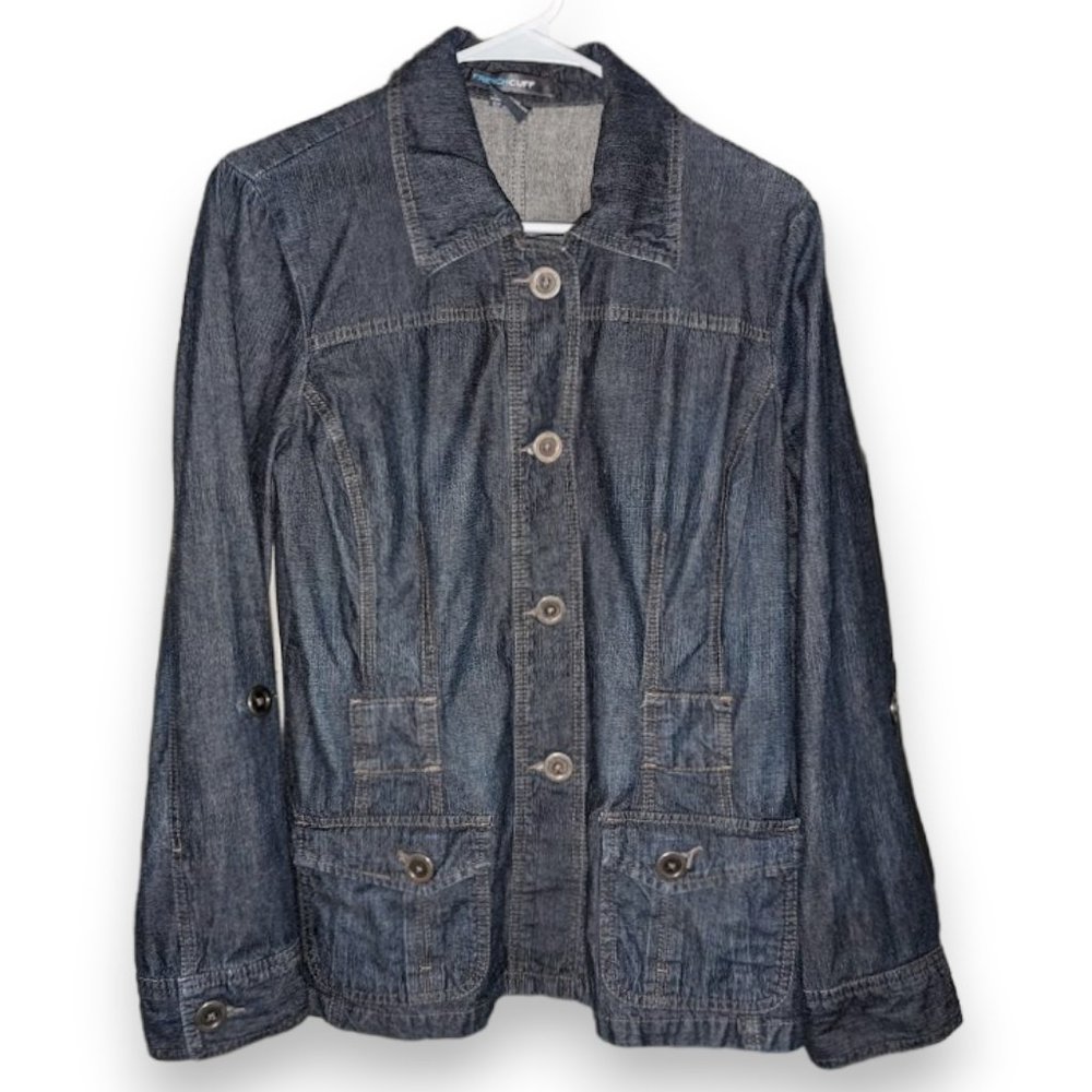 French Cuff Convertible Sleeve Fitted Blue Lightweight Denim Jacket Women size M